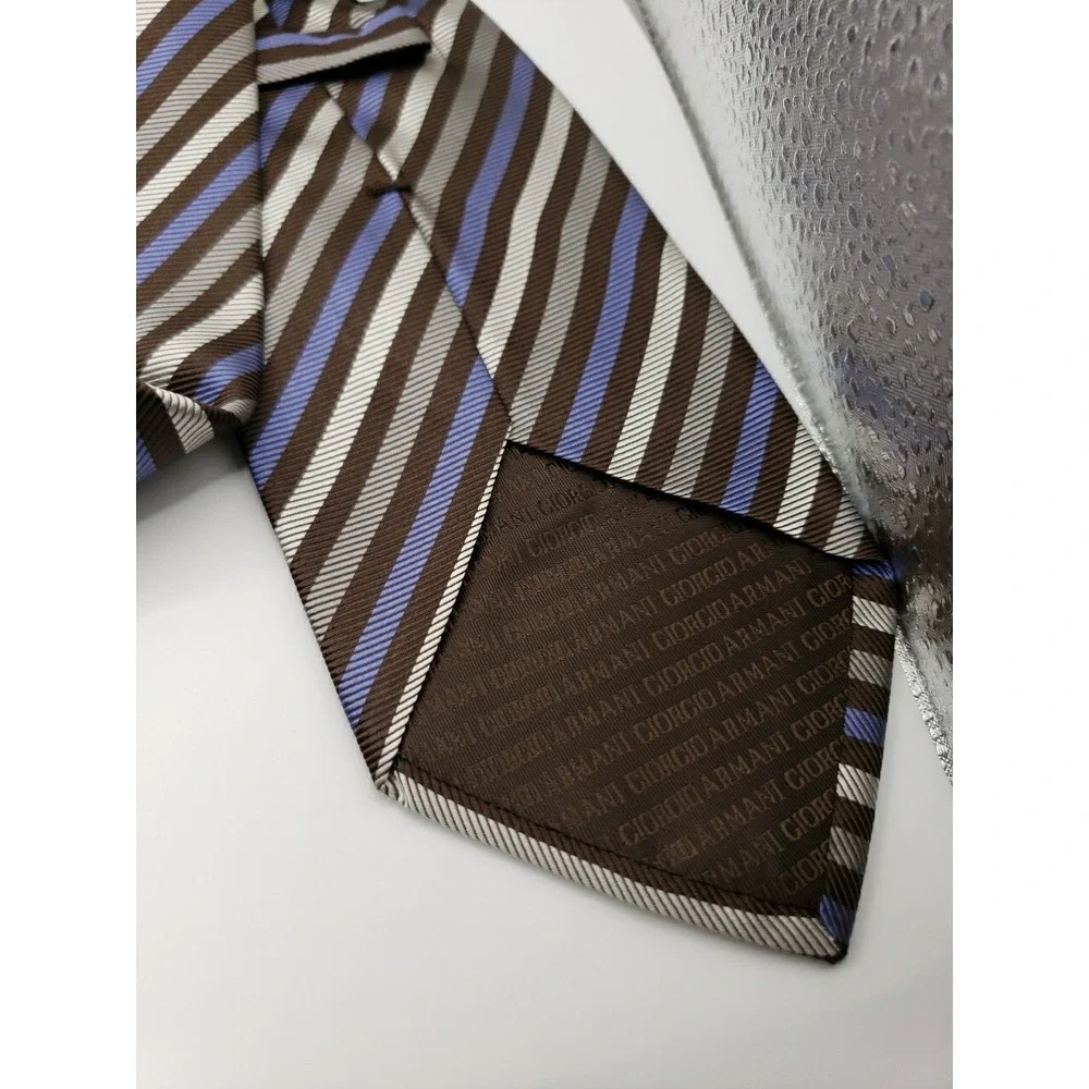 Giorgio Armani Mens Silk Tie Black Blue White Grey Striped Luxury Necktie Italy